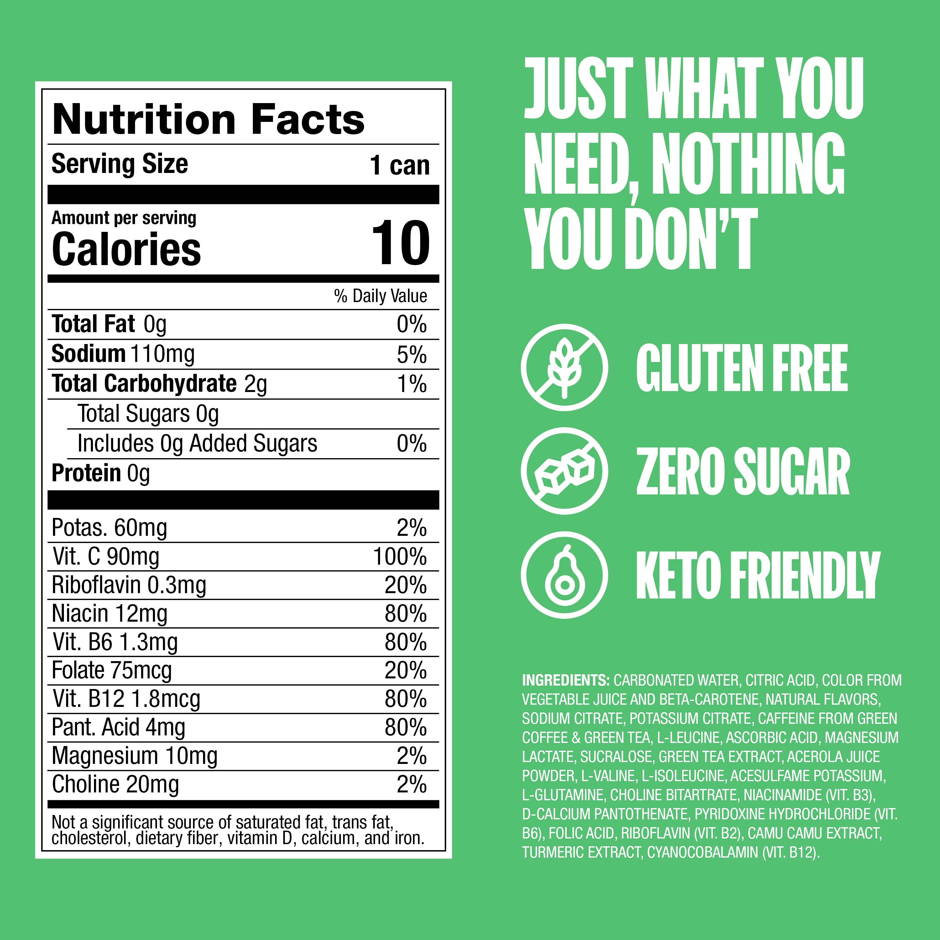 Nutrition facts label,"Gluten Free," "Zero Sugar," and "Keto Friendly.".