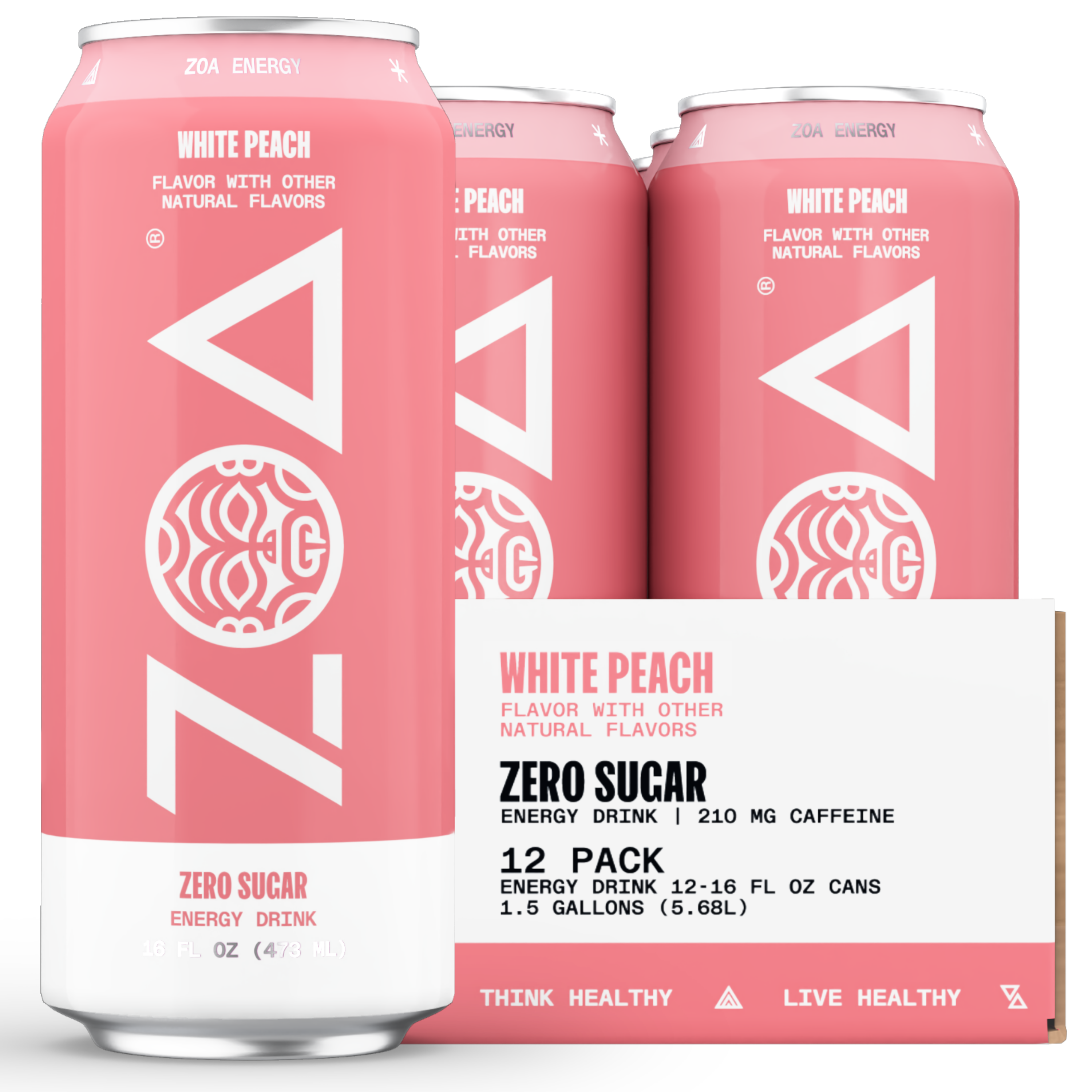 ZOA White Peach 16oz Sugar Free Energy Drink - 12 pack