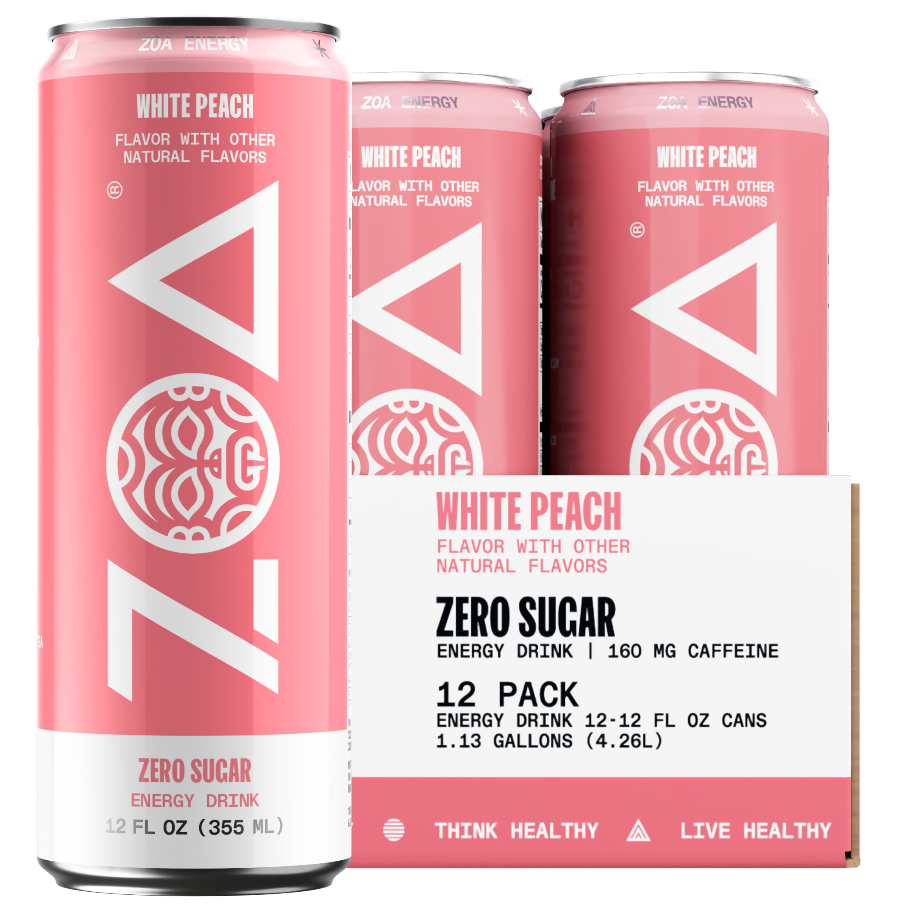 ZOA White Peach 12oz Sugar Free Energy Drink - 12 pack